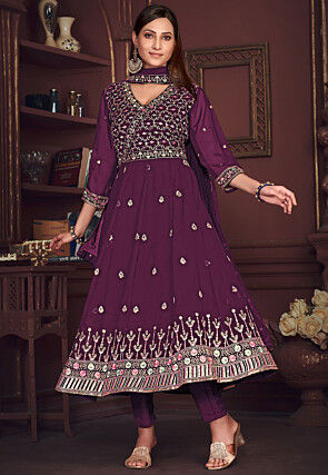 Embroidered Georgette Anarkali Suit in Purple