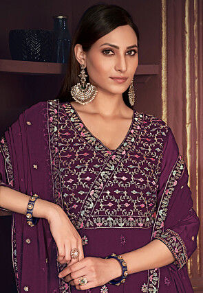 Embroidered Georgette Anarkali Suit in Purple
