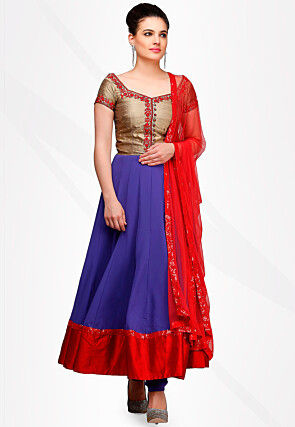 Embroidered Georgette Anarkali Suit in Red and Blue