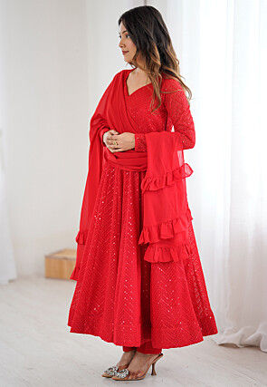 Embroidered Georgette Anarkali Suit in Red