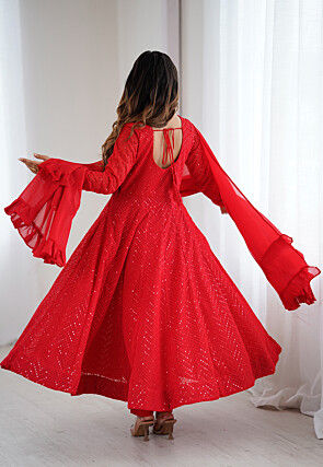 Embroidered Georgette Anarkali Suit in Red