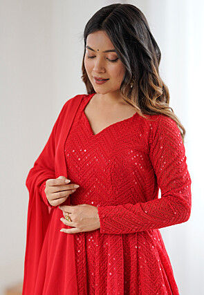 Embroidered Georgette Anarkali Suit in Red