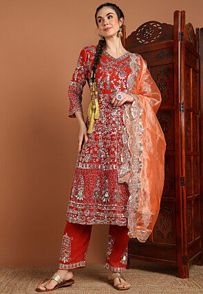 Embroidered Georgette Anarkali Suit in Red