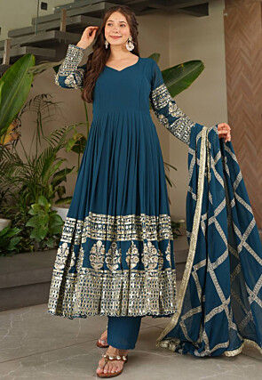 Embroidered Georgette Anarkali Suit in Teal Blue