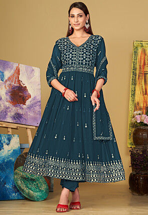 Embroidered Georgette Anarkali Suit in Teal Blue