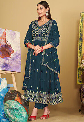 Embroidered Georgette Anarkali Suit in Teal Blue