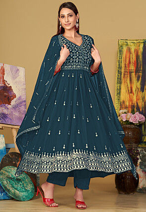 Embroidered Georgette Anarkali Suit in Teal Blue
