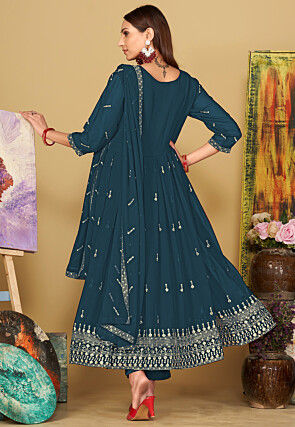 Embroidered Georgette Anarkali Suit in Teal Blue