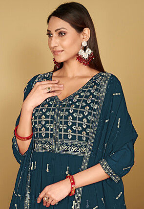Embroidered Georgette Anarkali Suit in Teal Blue