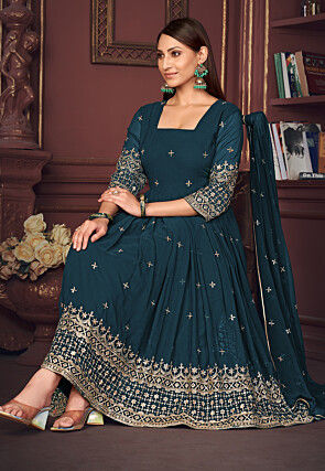 Embroidered Georgette Anarkali Suit in Teal Blue