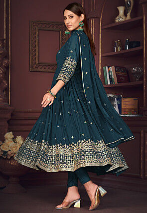 Embroidered Georgette Anarkali Suit in Teal Blue