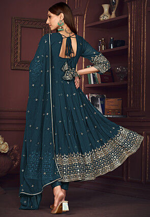 Embroidered Georgette Anarkali Suit in Teal Blue