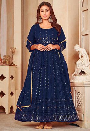 Embroidered Georgette Anarkali Suit in Navy Blue