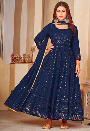 Embroidered Georgette Anarkali Suit in Navy Blue