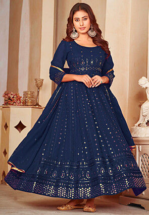 Embroidered Georgette Anarkali Suit in Navy Blue