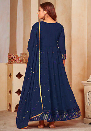Embroidered Georgette Anarkali Suit in Navy Blue