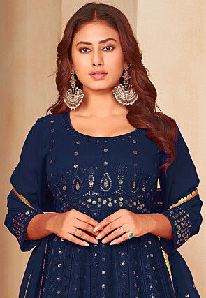 Embroidered Georgette Anarkali Suit in Navy Blue