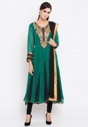 Embroidered Georgette Anarkali Suit in Teal Green