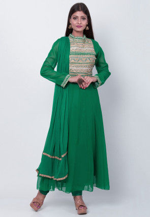 Embroidered Georgette Anarkali Suit in Teal Green