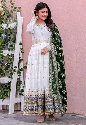 Embroidered Georgette Anarkali Suit in White