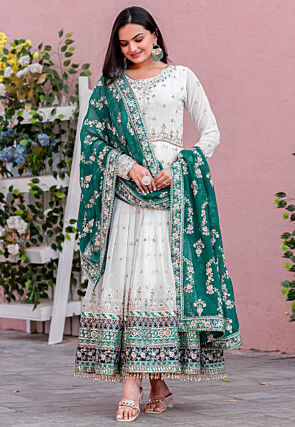 Embroidered Georgette Anarkali Suit in White