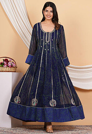 Embroidered Georgette Anarkali Suit in Navy Blue