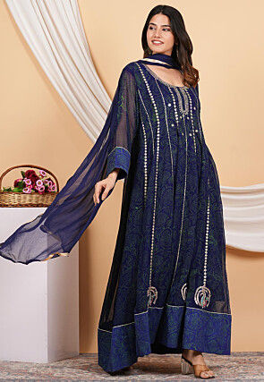 Embroidered Georgette Anarkali Suit in Navy Blue
