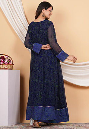 Embroidered Georgette Anarkali Suit in Navy Blue