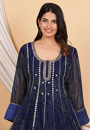 Embroidered Georgette Anarkali Suit in Navy Blue