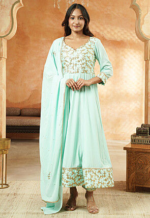 Embroidered Georgette and Art Silk Anarkali Suit in Sky Blue