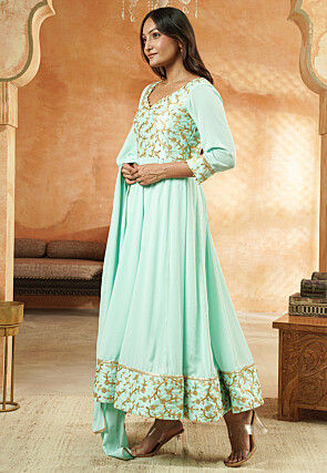 Embroidered Georgette and Art Silk Anarkali Suit in Sky Blue