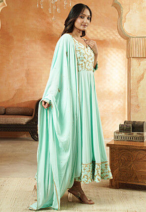 Embroidered Georgette and Art Silk Anarkali Suit in Sky Blue