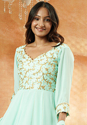 Embroidered Georgette and Art Silk Anarkali Suit in Sky Blue
