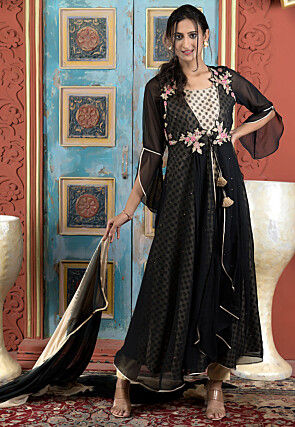 Embroidered Georgette and Art Silk Layered Abaya Style Suit in Black