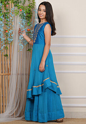 Embroidered Georgette and Art Silk Layered Gown in Blue
