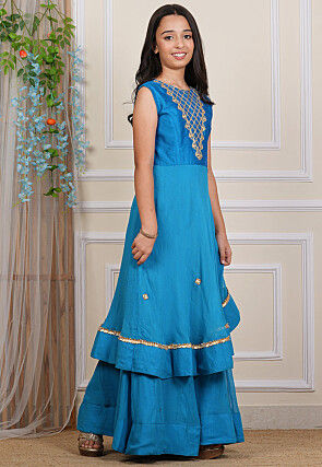 Embroidered Georgette and Art Silk Layered Gown in Blue