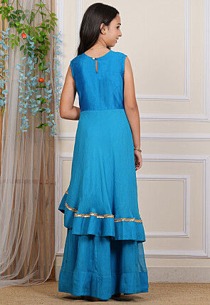 Embroidered Georgette and Art Silk Layered Gown in Blue