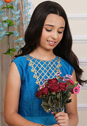 Embroidered Georgette and Art Silk Layered Gown in Blue