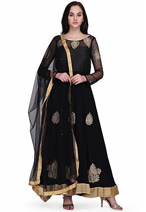 Embroidered Georgette and Net Abaya Style Suit in Black