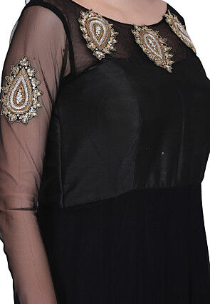 Embroidered Georgette and Net Abaya Style Suit in Black