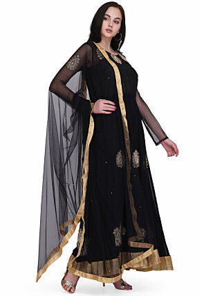 Embroidered Georgette and Net Abaya Style Suit in Black