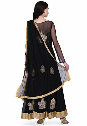 Embroidered Georgette and Net Abaya Style Suit in Black