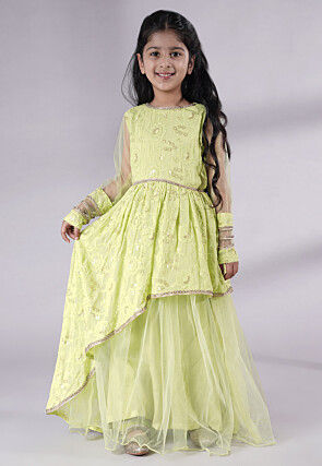 Embroidered Georgette and Net Abaya Style Suit in Light Green