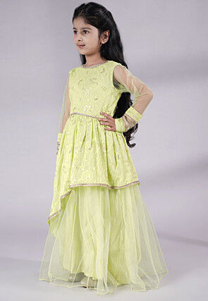 Embroidered Georgette and Net Abaya Style Suit in Light Green