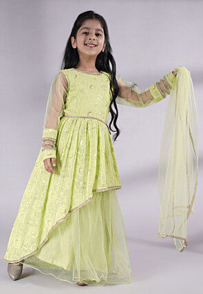 Embroidered Georgette and Net Abaya Style Suit in Light Green