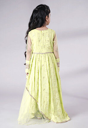 Embroidered Georgette and Net Abaya Style Suit in Light Green