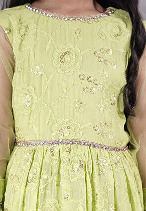 Embroidered Georgette and Net Abaya Style Suit in Light Green