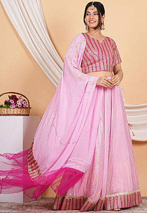 Embroidered Georgette and Net Dupatta in Baby Pink and Fuchsia