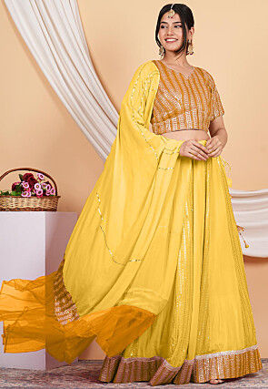 Embroidered Georgette and Net Dupatta in Dark Mustard and Yellow