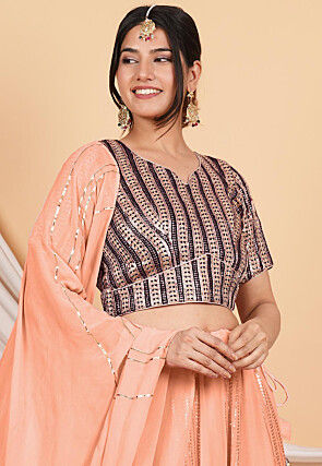 Embroidered Georgette and Net Dupatta in Peach and Brown